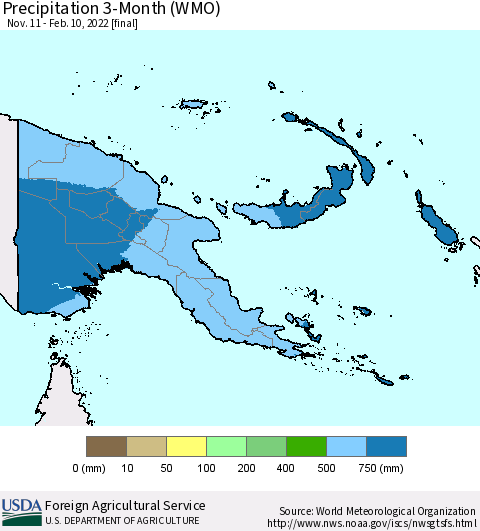 Papua New Guinea Precipitation 3-Month (WMO) Thematic Map For 11/11/2021 - 2/10/2022