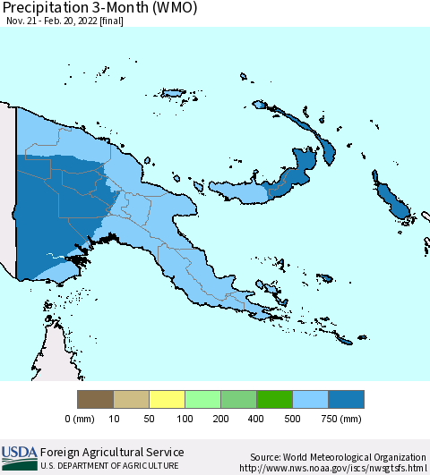 Papua New Guinea Precipitation 3-Month (WMO) Thematic Map For 11/21/2021 - 2/20/2022