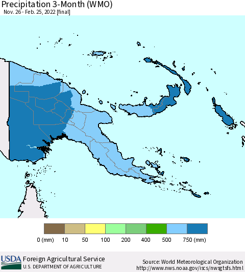 Papua New Guinea Precipitation 3-Month (WMO) Thematic Map For 11/26/2021 - 2/25/2022