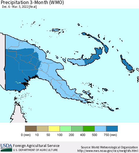 Papua New Guinea Precipitation 3-Month (WMO) Thematic Map For 12/6/2021 - 3/5/2022