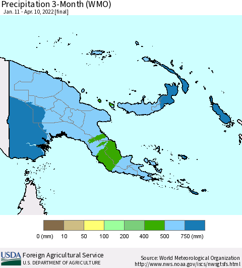 Papua New Guinea Precipitation 3-Month (WMO) Thematic Map For 1/11/2022 - 4/10/2022