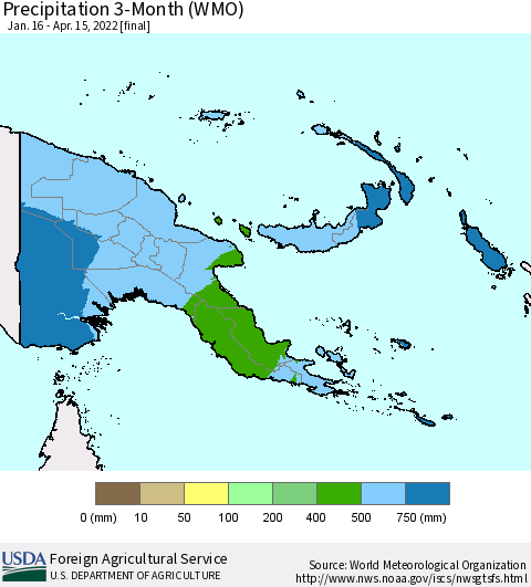 Papua New Guinea Precipitation 3-Month (WMO) Thematic Map For 1/16/2022 - 4/15/2022