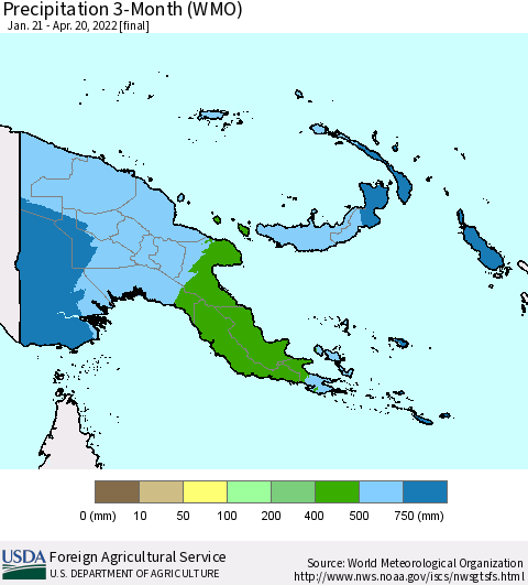 Papua New Guinea Precipitation 3-Month (WMO) Thematic Map For 1/21/2022 - 4/20/2022