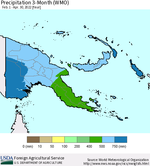 Papua New Guinea Precipitation 3-Month (WMO) Thematic Map For 2/1/2022 - 4/30/2022