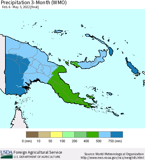 Papua New Guinea Precipitation 3-Month (WMO) Thematic Map For 2/6/2022 - 5/5/2022