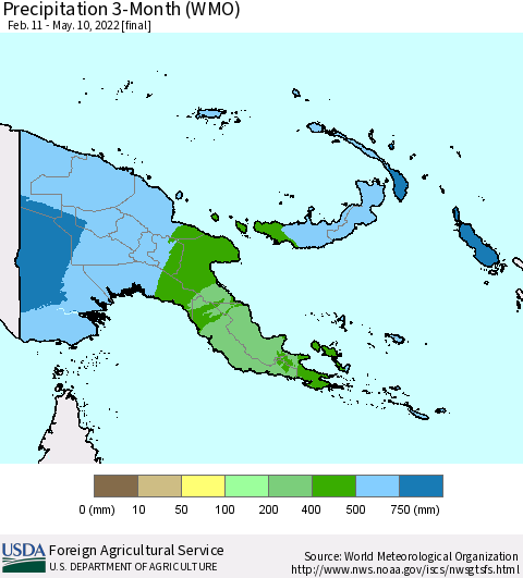 Papua New Guinea Precipitation 3-Month (WMO) Thematic Map For 2/11/2022 - 5/10/2022