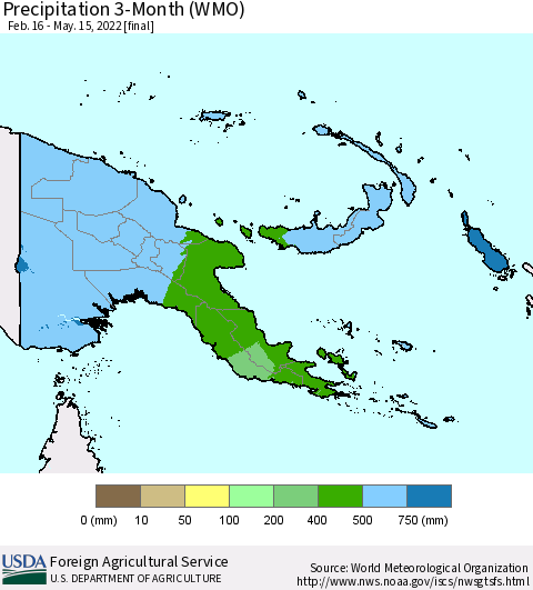Papua New Guinea Precipitation 3-Month (WMO) Thematic Map For 2/16/2022 - 5/15/2022