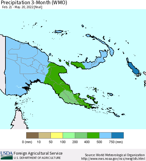 Papua New Guinea Precipitation 3-Month (WMO) Thematic Map For 2/21/2022 - 5/20/2022