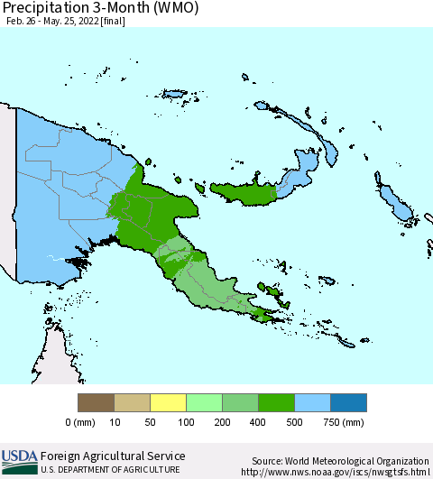 Papua New Guinea Precipitation 3-Month (WMO) Thematic Map For 2/26/2022 - 5/25/2022
