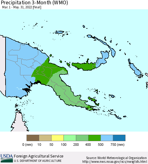 Papua New Guinea Precipitation 3-Month (WMO) Thematic Map For 3/1/2022 - 5/31/2022