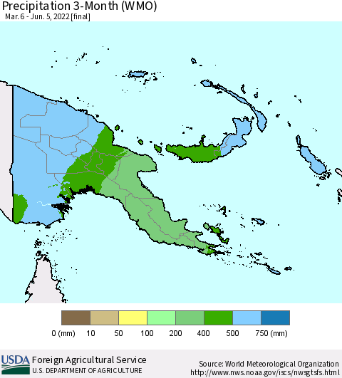 Papua New Guinea Precipitation 3-Month (WMO) Thematic Map For 3/6/2022 - 6/5/2022