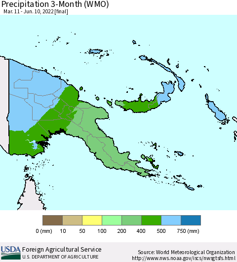 Papua New Guinea Precipitation 3-Month (WMO) Thematic Map For 3/11/2022 - 6/10/2022