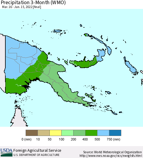 Papua New Guinea Precipitation 3-Month (WMO) Thematic Map For 3/16/2022 - 6/15/2022