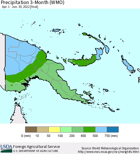 Papua New Guinea Precipitation 3-Month (WMO) Thematic Map For 4/1/2022 - 6/30/2022