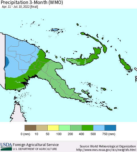 Papua New Guinea Precipitation 3-Month (WMO) Thematic Map For 4/11/2022 - 7/10/2022