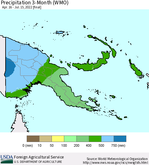 Papua New Guinea Precipitation 3-Month (WMO) Thematic Map For 4/16/2022 - 7/15/2022