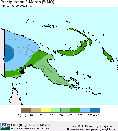 Papua New Guinea Precipitation 3-Month (WMO) Thematic Map For 4/21/2022 - 7/20/2022