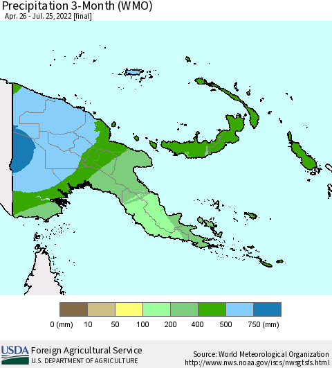 Papua New Guinea Precipitation 3-Month (WMO) Thematic Map For 4/26/2022 - 7/25/2022