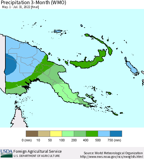 Papua New Guinea Precipitation 3-Month (WMO) Thematic Map For 5/1/2022 - 7/31/2022