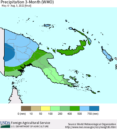 Papua New Guinea Precipitation 3-Month (WMO) Thematic Map For 5/6/2022 - 8/5/2022