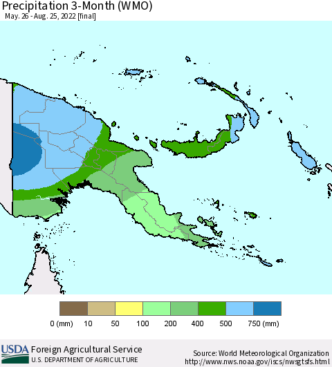 Papua New Guinea Precipitation 3-Month (WMO) Thematic Map For 5/26/2022 - 8/25/2022