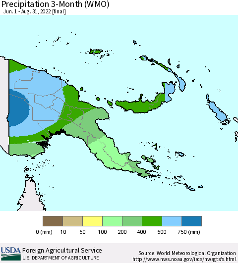 Papua New Guinea Precipitation 3-Month (WMO) Thematic Map For 6/1/2022 - 8/31/2022