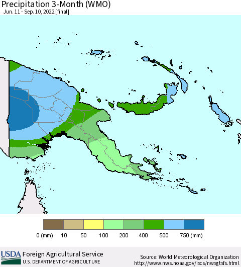 Papua New Guinea Precipitation 3-Month (WMO) Thematic Map For 6/11/2022 - 9/10/2022
