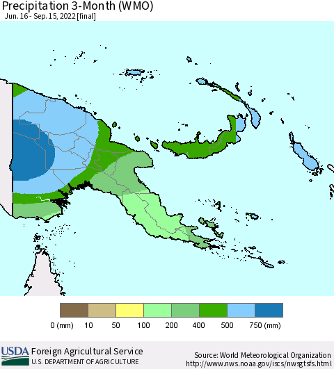 Papua New Guinea Precipitation 3-Month (WMO) Thematic Map For 6/16/2022 - 9/15/2022