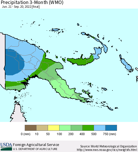 Papua New Guinea Precipitation 3-Month (WMO) Thematic Map For 6/21/2022 - 9/20/2022