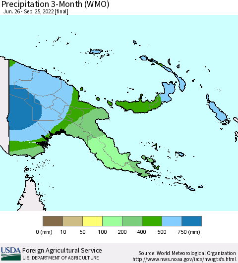 Papua New Guinea Precipitation 3-Month (WMO) Thematic Map For 6/26/2022 - 9/25/2022