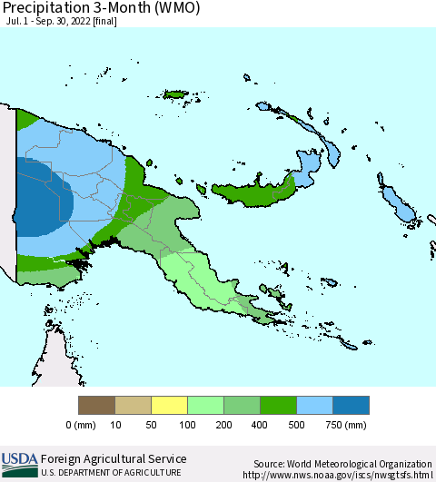 Papua New Guinea Precipitation 3-Month (WMO) Thematic Map For 7/1/2022 - 9/30/2022