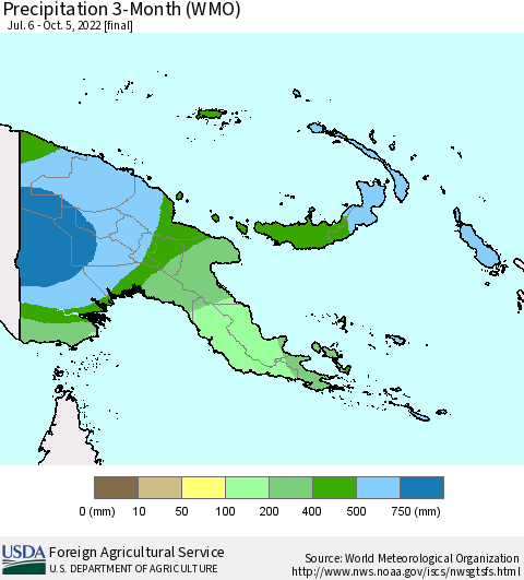 Papua New Guinea Precipitation 3-Month (WMO) Thematic Map For 7/6/2022 - 10/5/2022