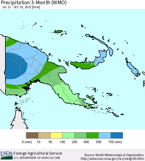 Papua New Guinea Precipitation 3-Month (WMO) Thematic Map For 7/11/2022 - 10/10/2022