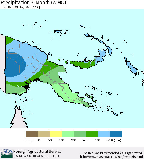Papua New Guinea Precipitation 3-Month (WMO) Thematic Map For 7/16/2022 - 10/15/2022