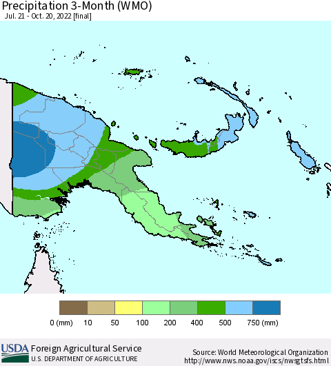 Papua New Guinea Precipitation 3-Month (WMO) Thematic Map For 7/21/2022 - 10/20/2022