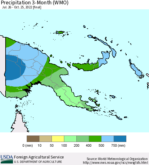 Papua New Guinea Precipitation 3-Month (WMO) Thematic Map For 7/26/2022 - 10/25/2022