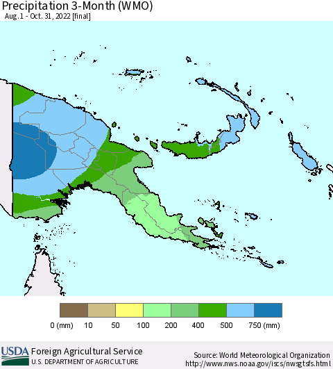 Papua New Guinea Precipitation 3-Month (WMO) Thematic Map For 8/1/2022 - 10/31/2022