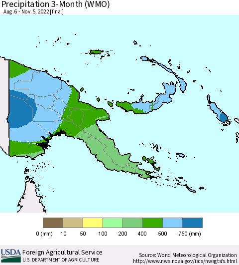 Papua New Guinea Precipitation 3-Month (WMO) Thematic Map For 8/6/2022 - 11/5/2022
