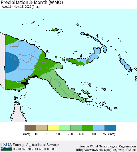 Papua New Guinea Precipitation 3-Month (WMO) Thematic Map For 8/16/2022 - 11/15/2022