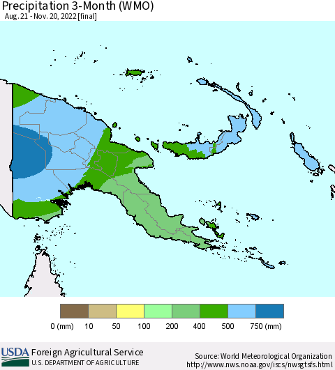 Papua New Guinea Precipitation 3-Month (WMO) Thematic Map For 8/21/2022 - 11/20/2022