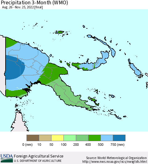 Papua New Guinea Precipitation 3-Month (WMO) Thematic Map For 8/26/2022 - 11/25/2022