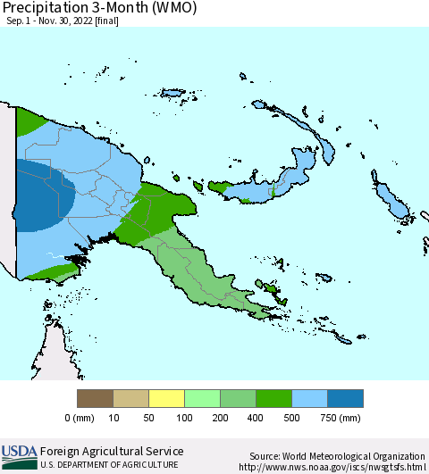 Papua New Guinea Precipitation 3-Month (WMO) Thematic Map For 9/1/2022 - 11/30/2022