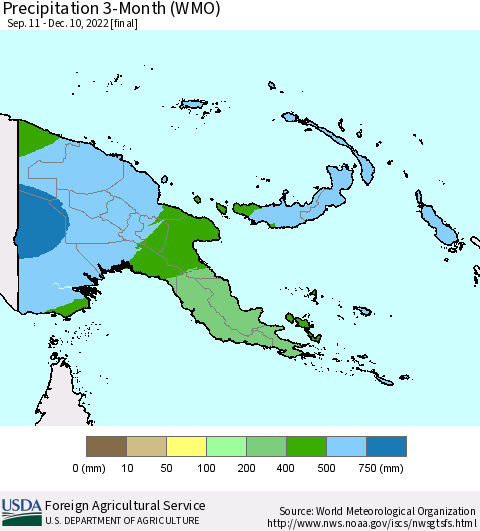Papua New Guinea Precipitation 3-Month (WMO) Thematic Map For 9/11/2022 - 12/10/2022