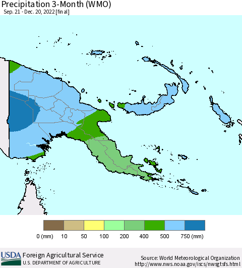 Papua New Guinea Precipitation 3-Month (WMO) Thematic Map For 9/21/2022 - 12/20/2022