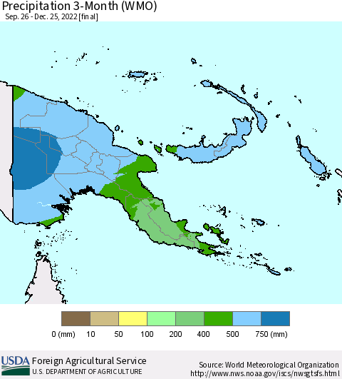 Papua New Guinea Precipitation 3-Month (WMO) Thematic Map For 9/26/2022 - 12/25/2022