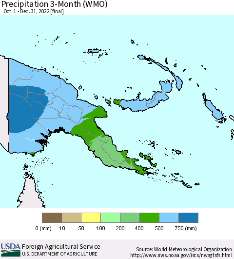 Papua New Guinea Precipitation 3-Month (WMO) Thematic Map For 10/1/2022 - 12/31/2022