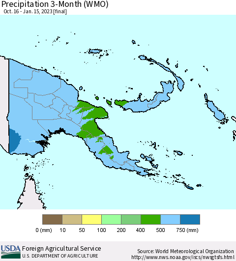 Papua New Guinea Precipitation 3-Month (WMO) Thematic Map For 10/16/2022 - 1/15/2023