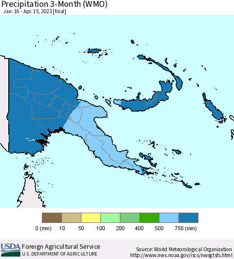 Papua New Guinea Precipitation 3-Month (WMO) Thematic Map For 1/16/2023 - 4/15/2023