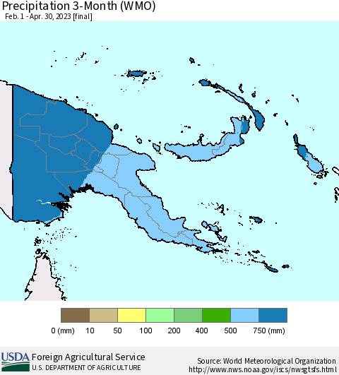 Papua New Guinea Precipitation 3-Month (WMO) Thematic Map For 2/1/2023 - 4/30/2023