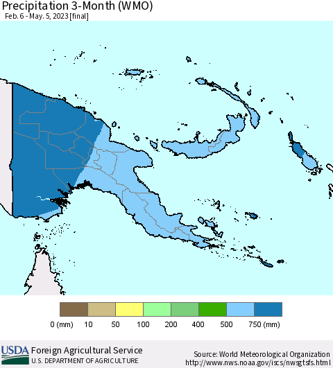 Papua New Guinea Precipitation 3-Month (WMO) Thematic Map For 2/6/2023 - 5/5/2023